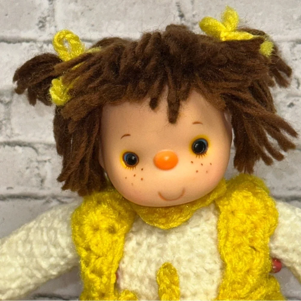 Vintage Hand Crochet Doll with Knitted Yellow Dress 11in Tall Yellow White